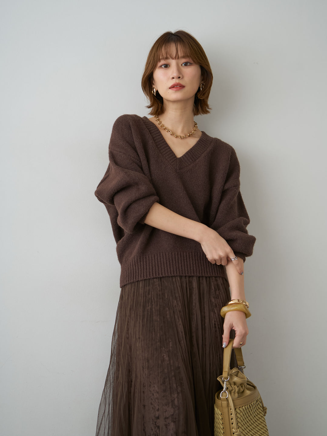 [予約]Vネックワイドショートニット/brown