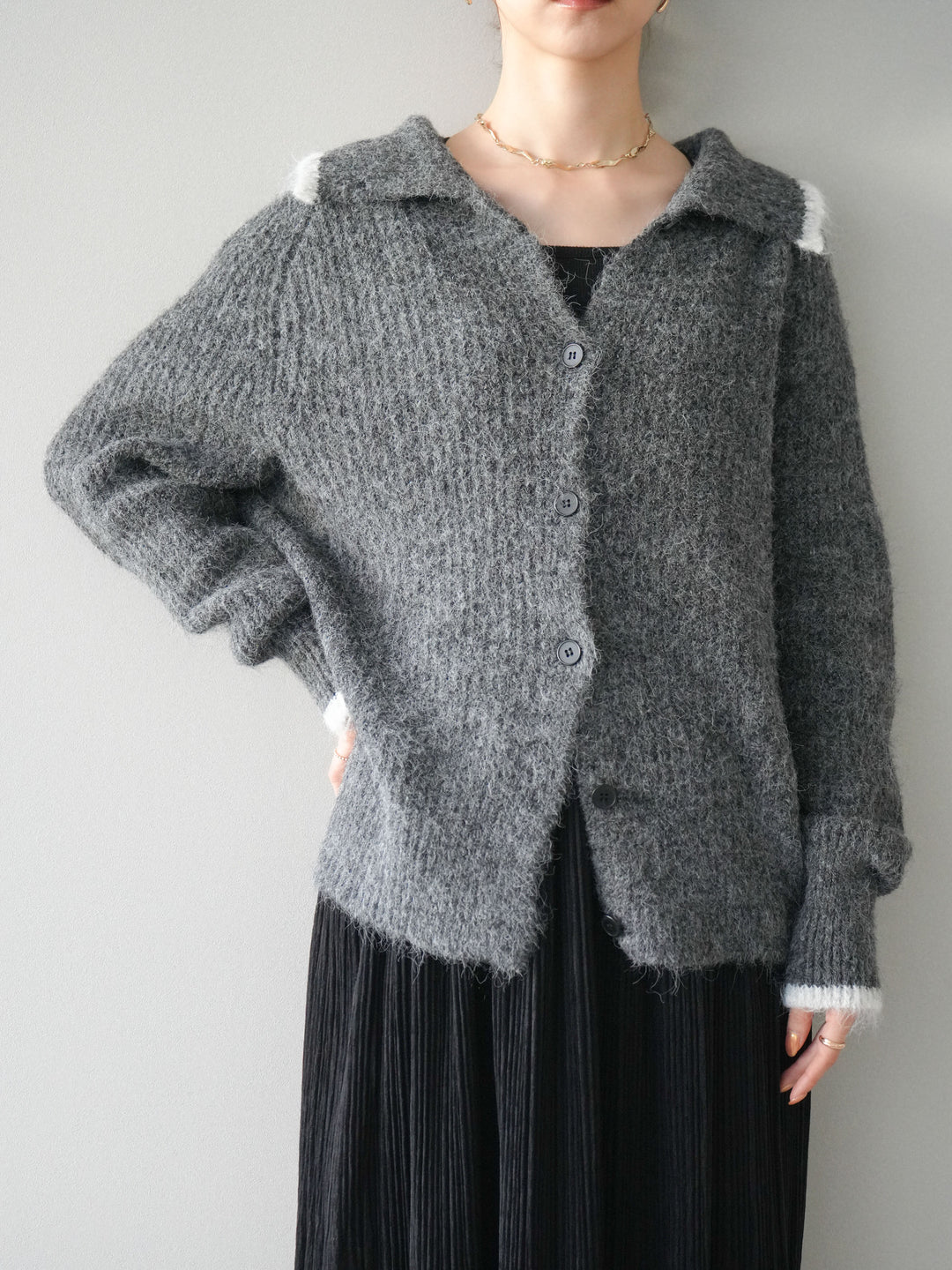 [予約]襟付きバイカラーミックスニットカーディガン/gray