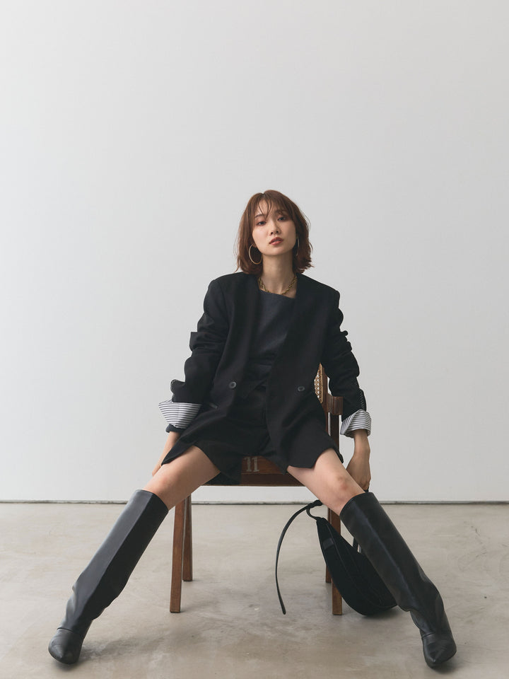 【Allure】[SET]シャツカフスフロントスリットニットプルオーバー+ウールライクハーフパンツ+ノーカラーステッチデザインジャケット(3set)