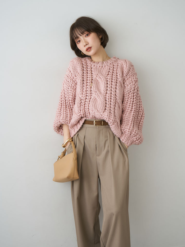[SET]ボリュームケーブルニットプルオーバー+ツイルタックワイドパンツ(2set)
