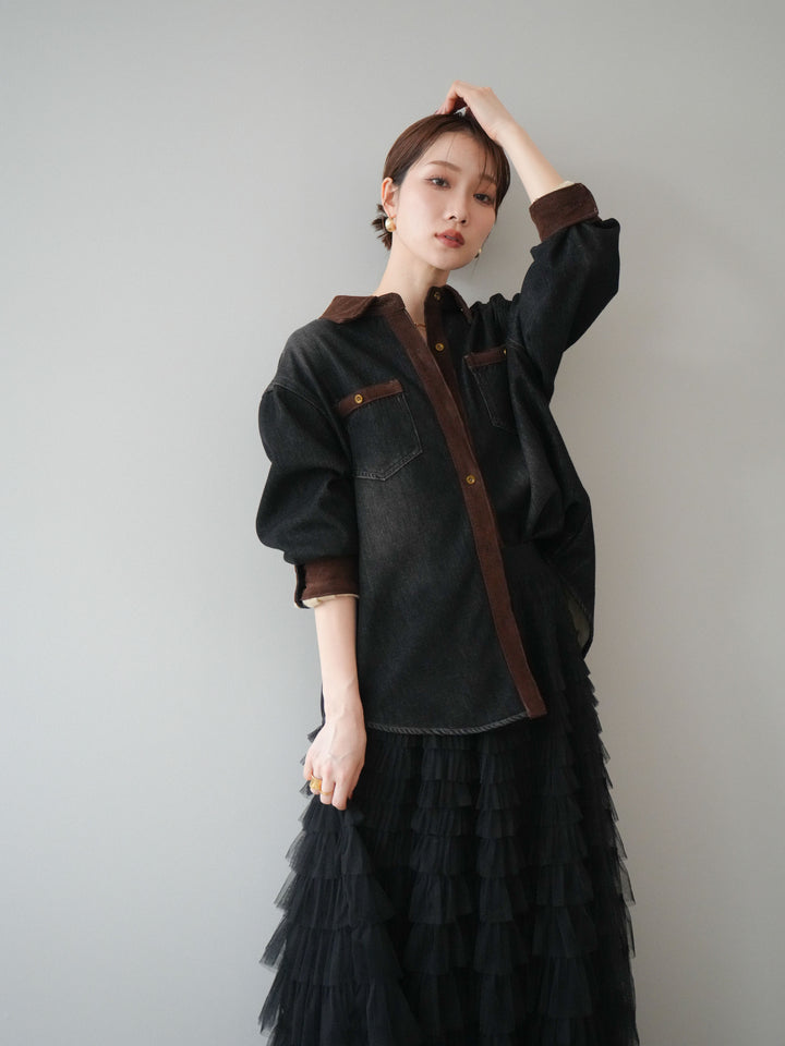 [予約]裏起毛コーデュロイ襟デニムシャツジャケット/black