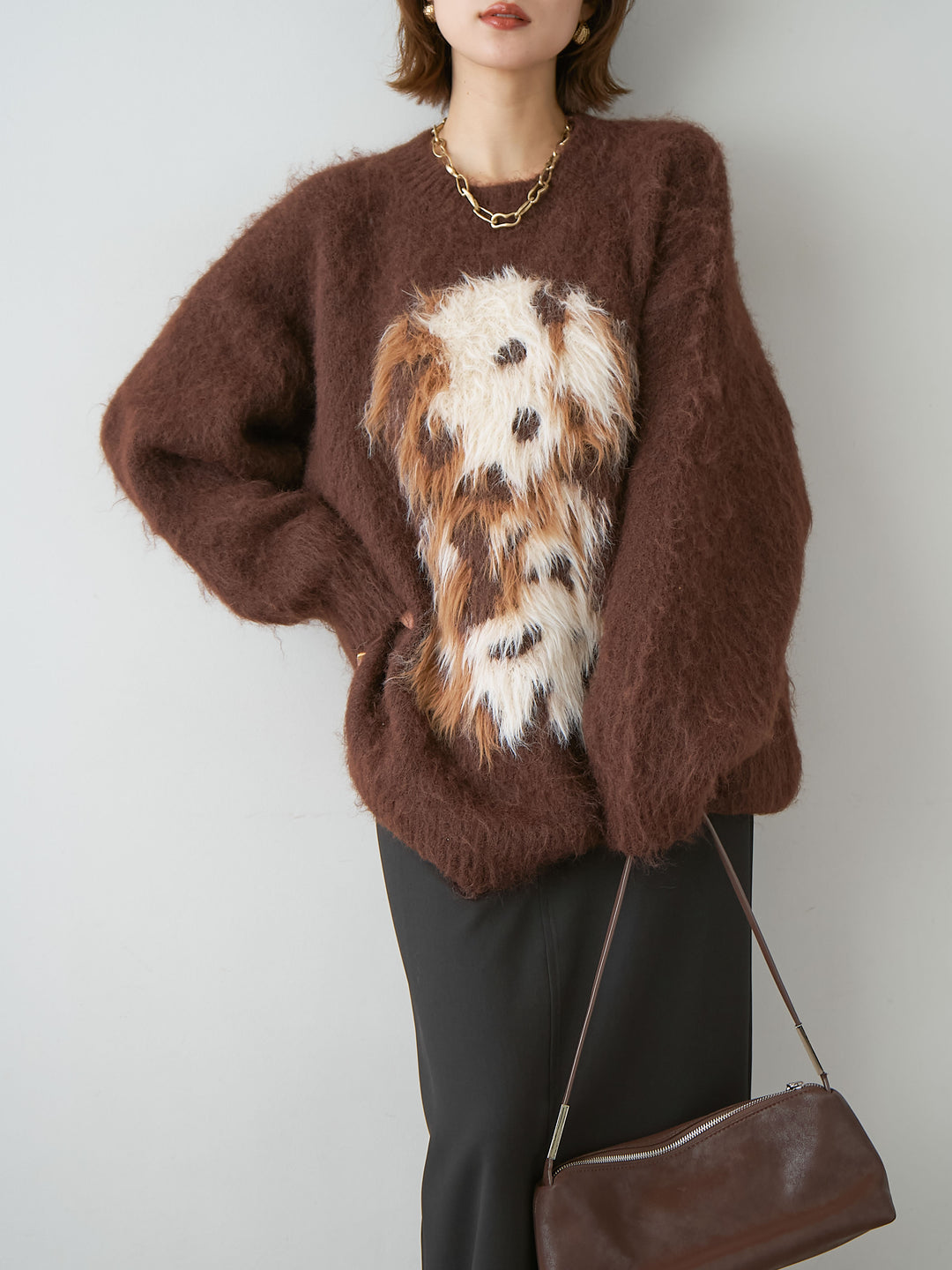 [予約]シャギードッグモチーフニットトップス/brown