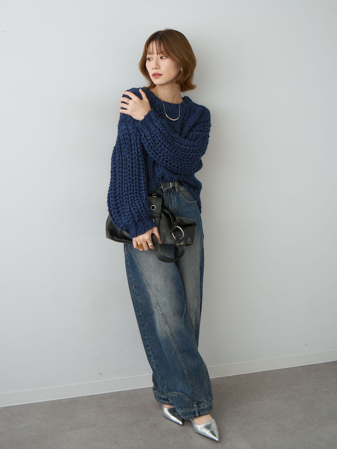 [SET]ボリュームケーブルニットプルオーバー+ヘムデザインワイドデニムパンツ(2set)