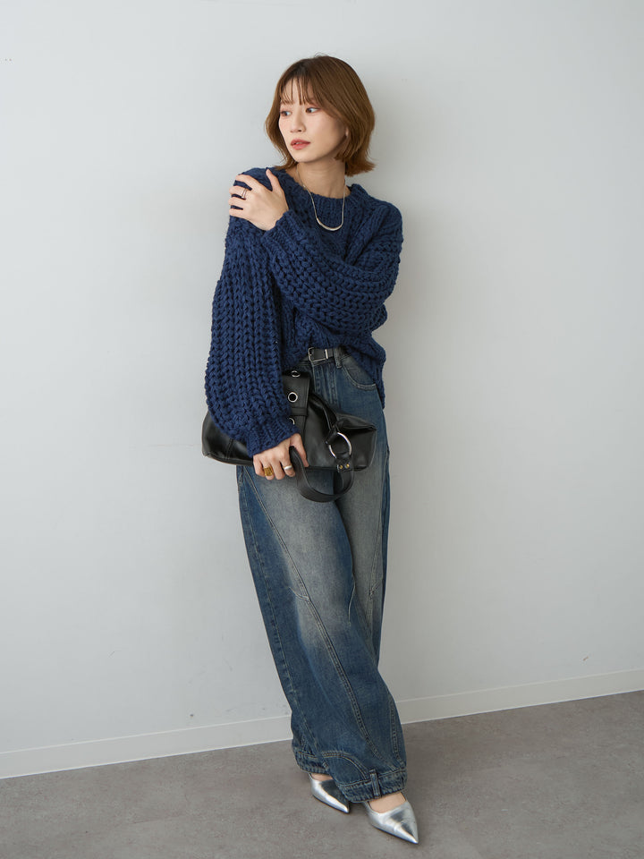 [SET]ボリュームケーブルニットプルオーバー+ヘムデザインワイドデニムパンツ(2set)