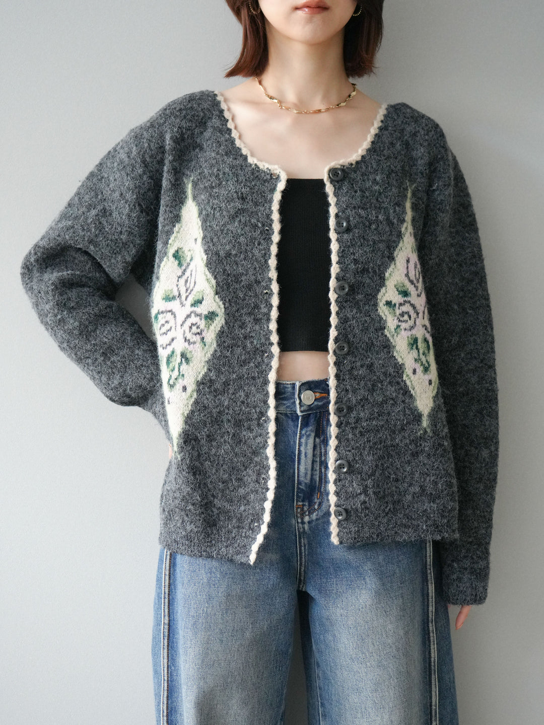 [予約]アンティークフラワージャガードニットカーディガン/charcoal