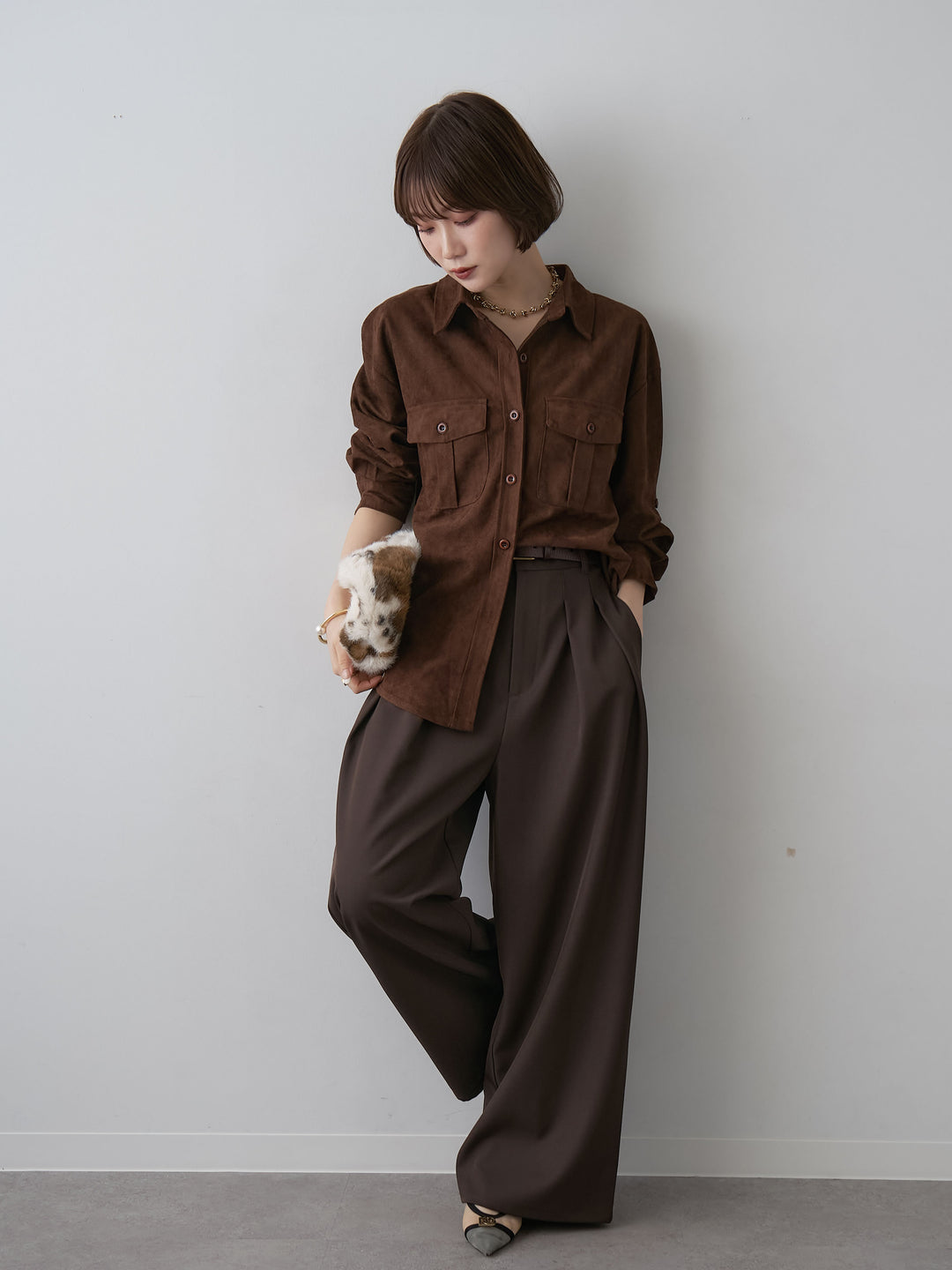 [SET]スウェードタッチWポケットシャツ+ツイルタックワイドパンツ(2set)