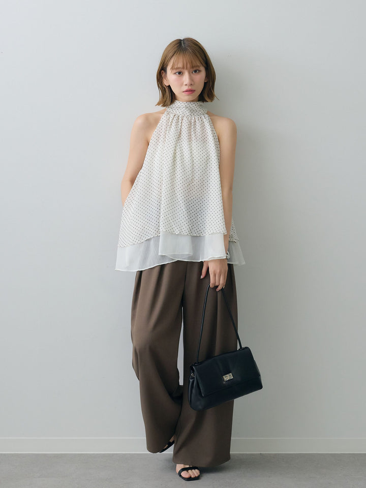 [SET]ドットレイヤードホルターブラウス+クレープデシンタックワイドパンツ(2set)