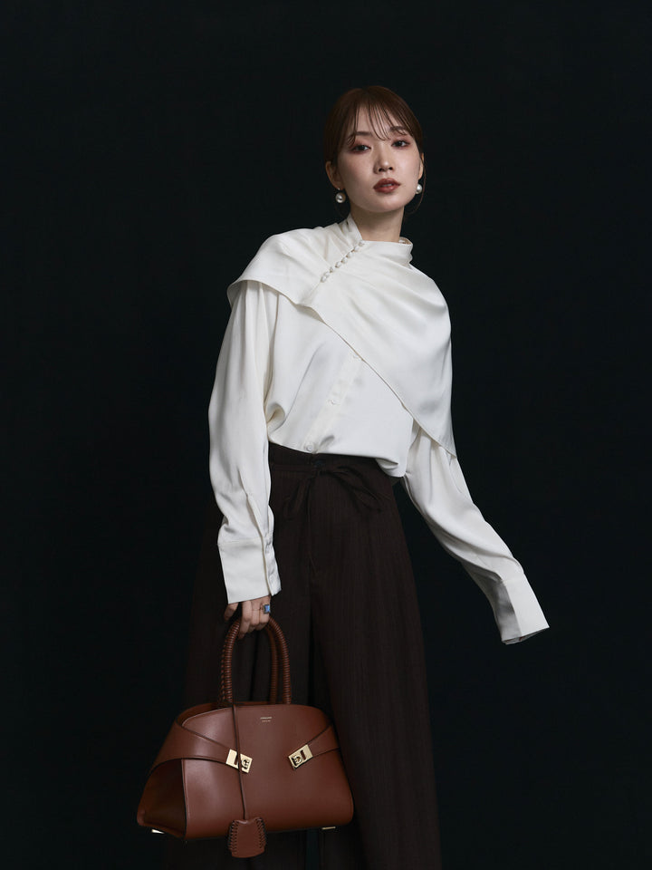 【Allure】[SET]ケープ付サテンシャツ+ウールライクストライプワイドパンツ(2set)