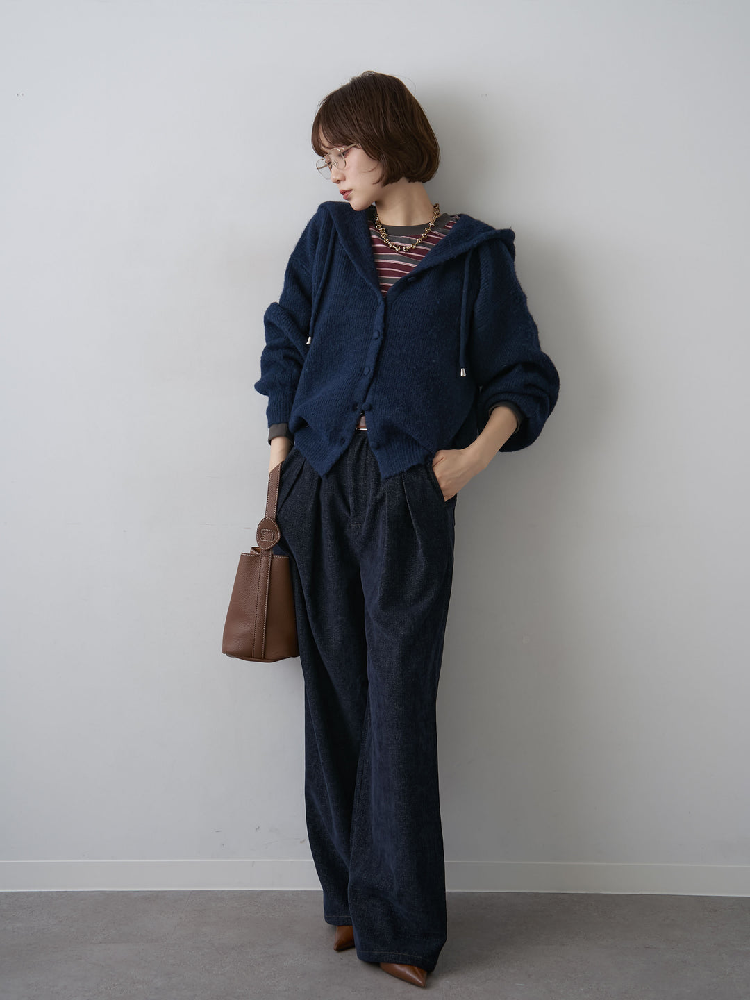 [SET]アルパカタッチソフトリブフードニットトップス+マルチボーダーロンTEE+ベロアデニムタックワイドパンツ(3set)