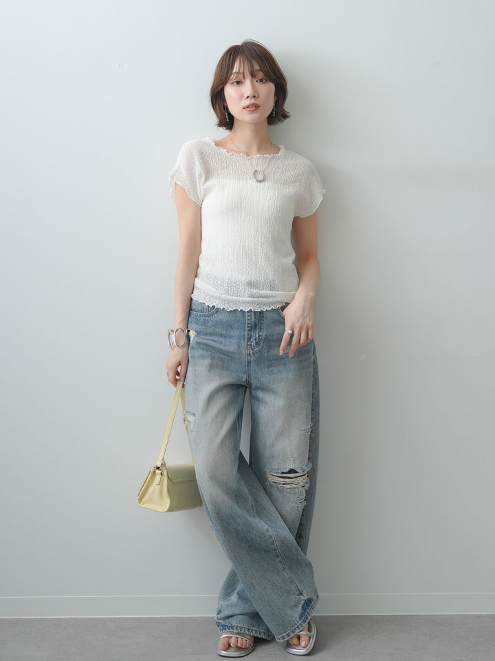 [SET]シャーリングシアーバックオープンフレンチトップス+ダメージデニムセミワイドパンツ(2set)