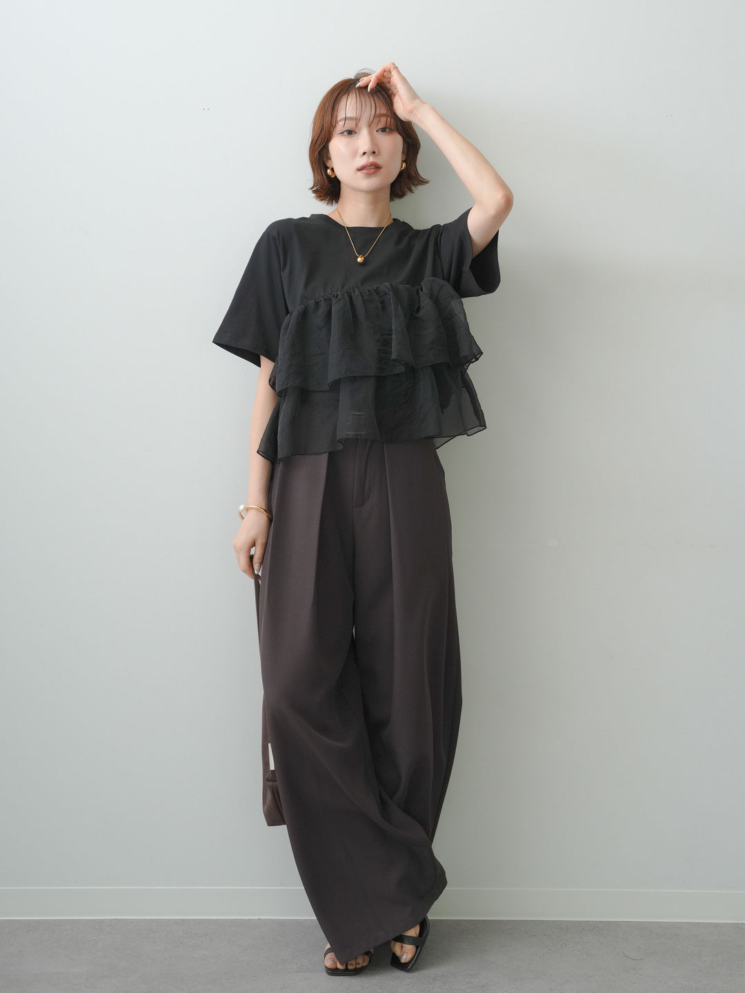 [SET]オーガンジーフリルドッキングTEE+ベルトループデザインワイドパンツ(2set)