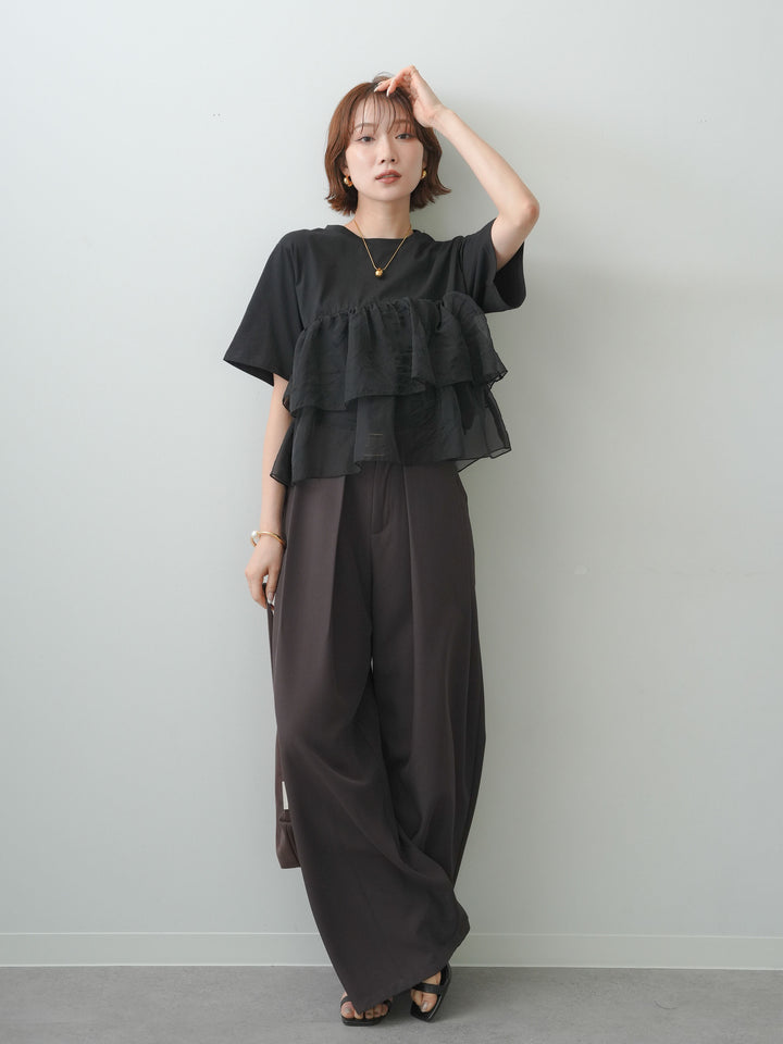 [SET]オーガンジーフリルドッキングTEE+ベルトループデザインワイドパンツ(2set)