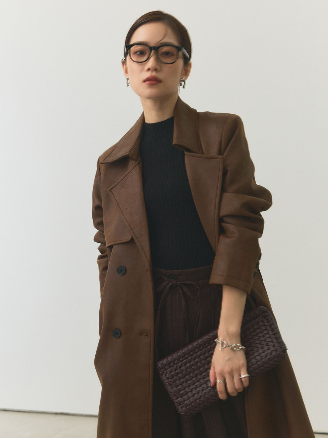 【Allure】[SET]デザインリブハーフニットトップス+ウールライクストライプワイドパンツ+ヴィンテージレザートレンチコート(3set)