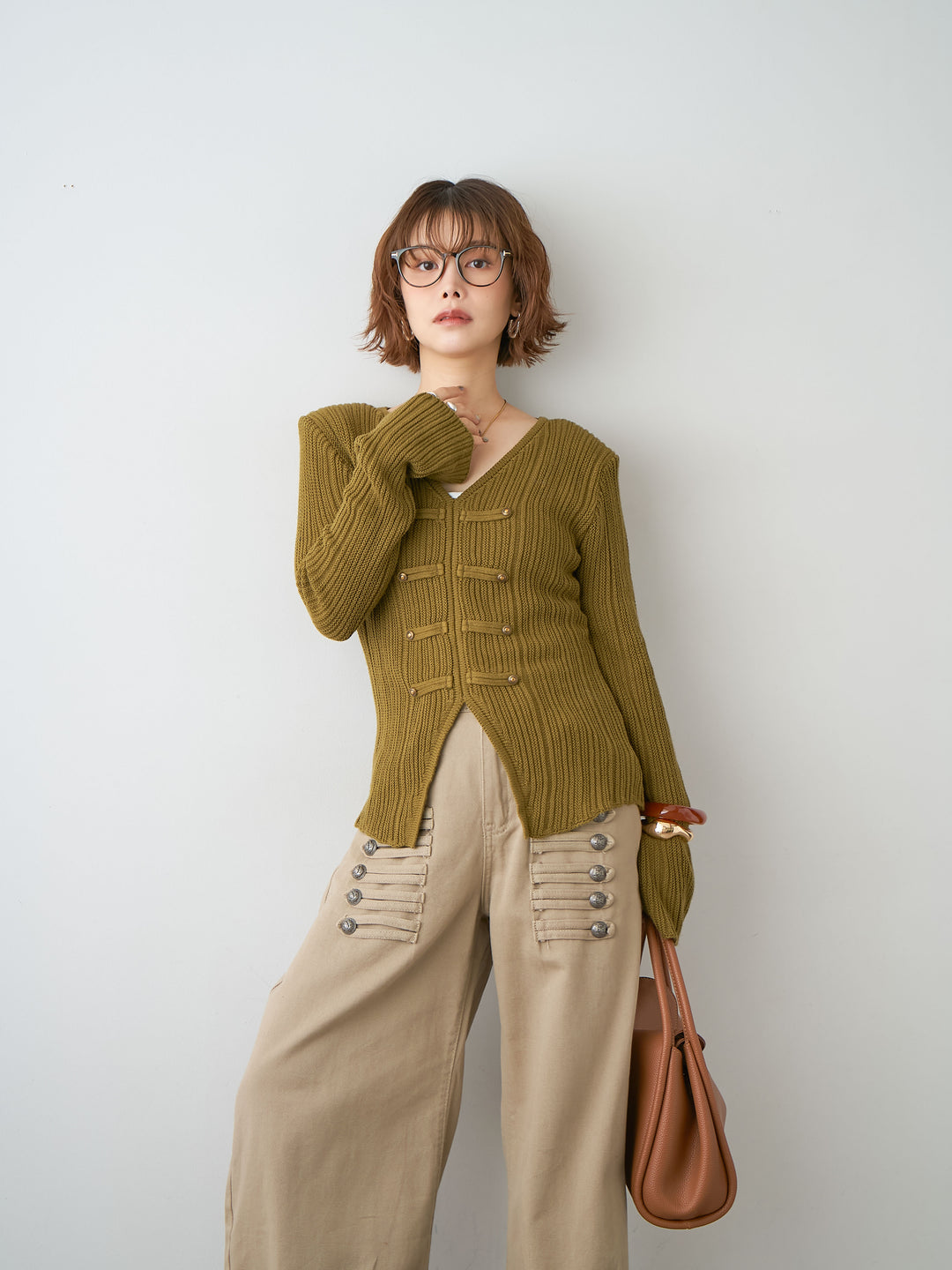 [SET]ナポレオンVネックリブニットトップス+ナポレオンコットンカーブパンツ(2set)