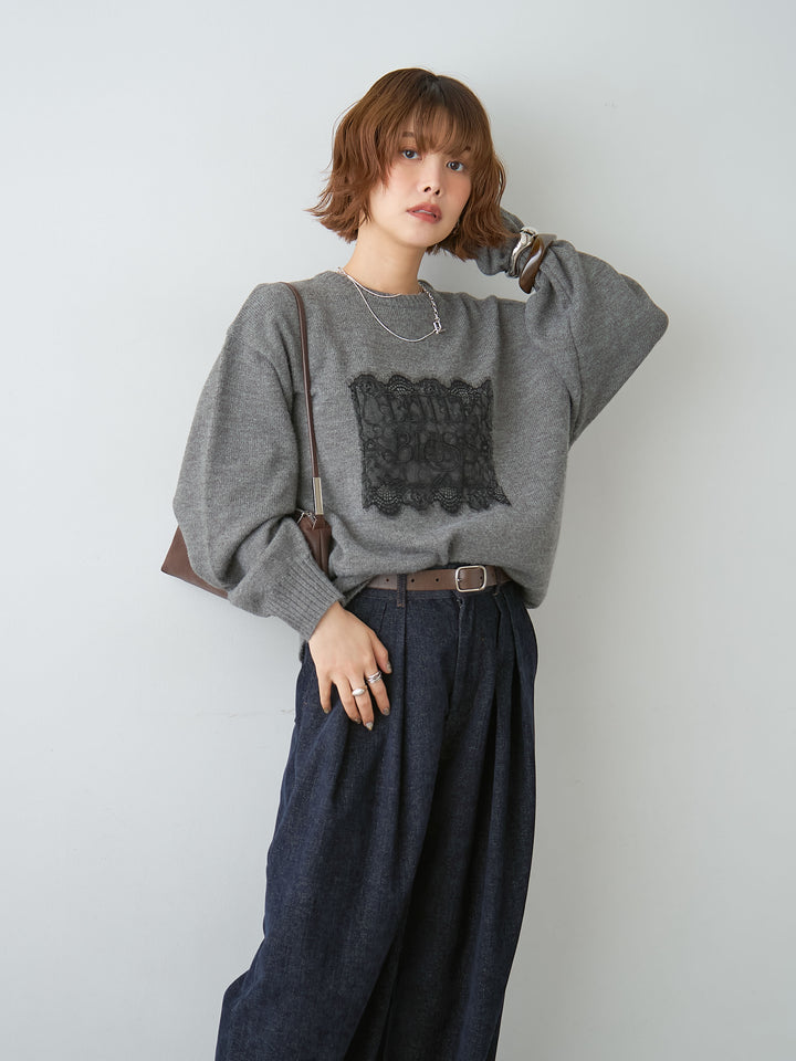 [SET]アルパカタッチ刺繍レースロゴニットプルオーバー+ベロアデニムタックワイドパンツ(2set)