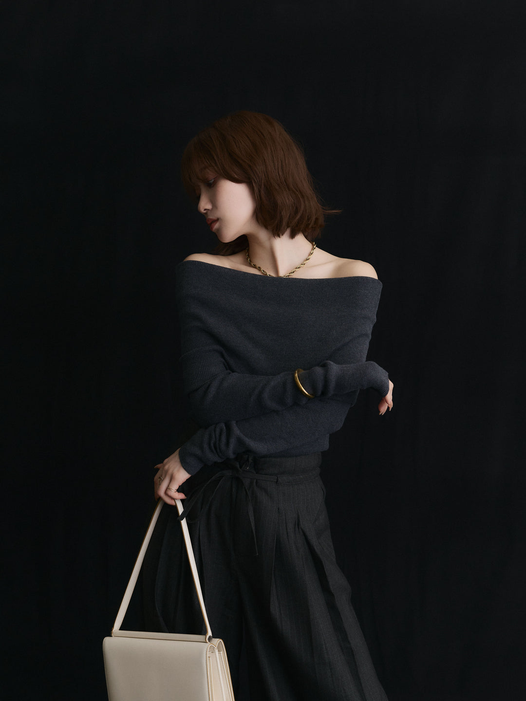 【Allure】[SET]オフショルニットトップス+ウールライクストライプワイドパンツ(2set)