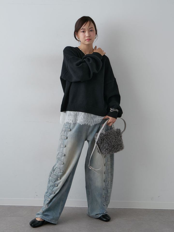 [SET]アルパカタッチレースドッキングVネックニットトップス+ナポレオンライトウォッシュワイドデニム(2set)