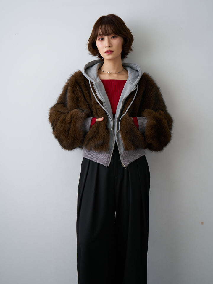 [予約]スウェットファードッキングフードブルゾン/brown