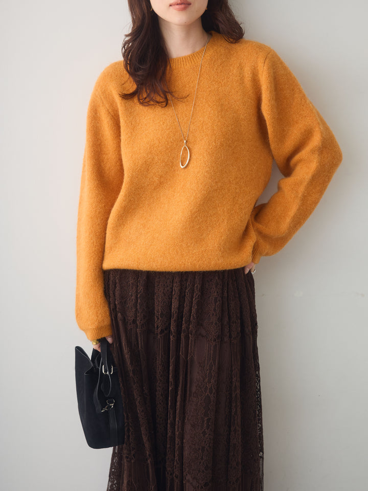 [予約]ソフトヘアリークルーネックニットトップス/orange