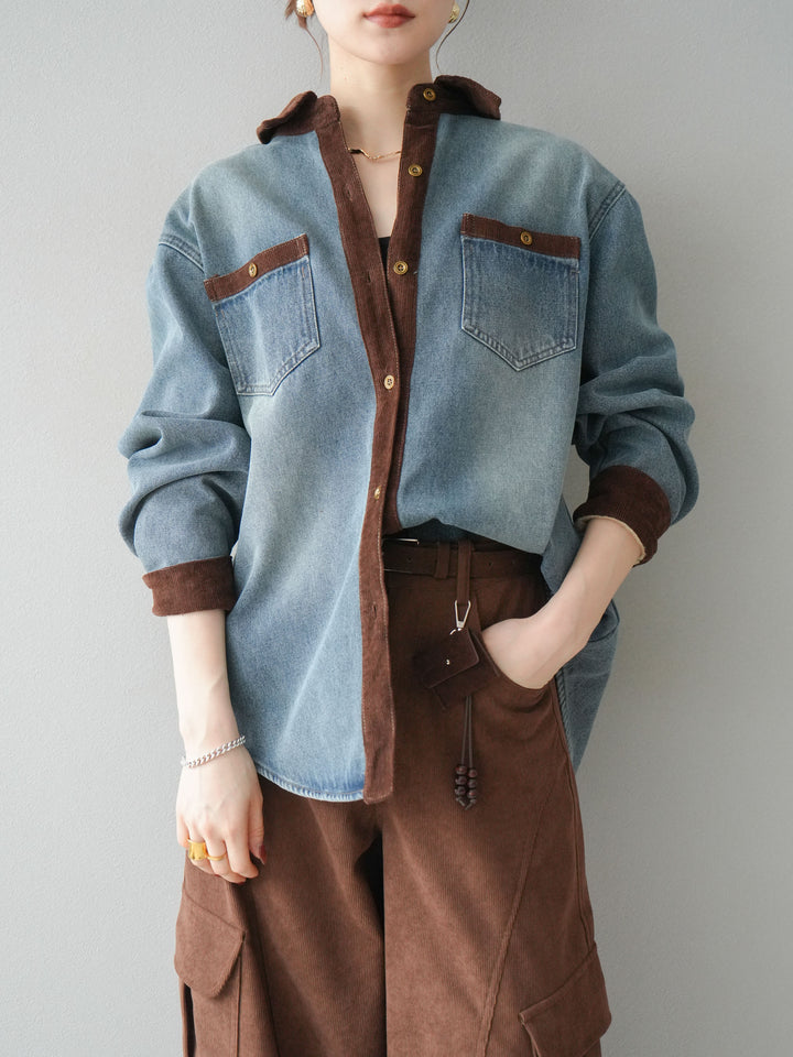 [予約]裏起毛コーデュロイ襟デニムシャツジャケット/ blue