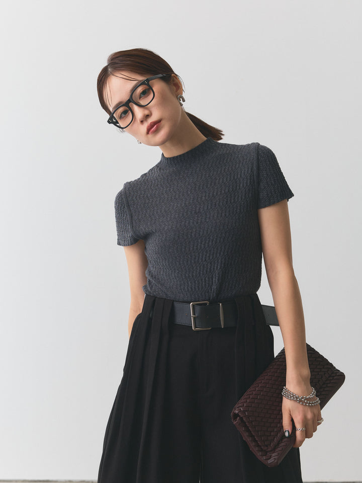 [予約]デザインリブハーフニットトップス/グレー