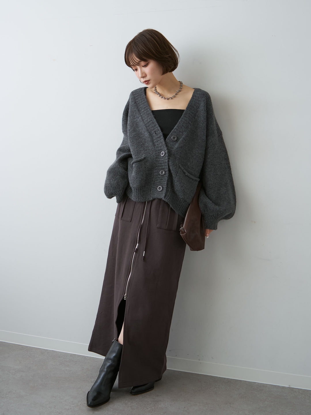 [SET]ダブルポケットオーバーニットカーディガン+フロントZIPポケットデザインスウェットスカート(2set)