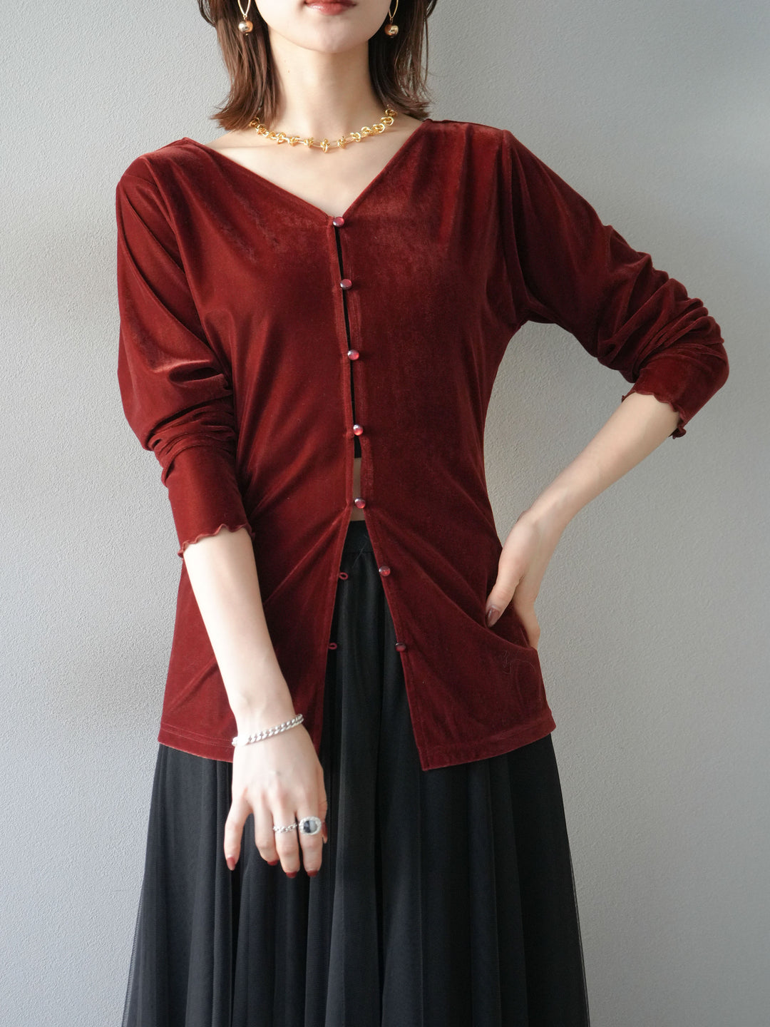[予約]ベロアカーディガン/bordeaux