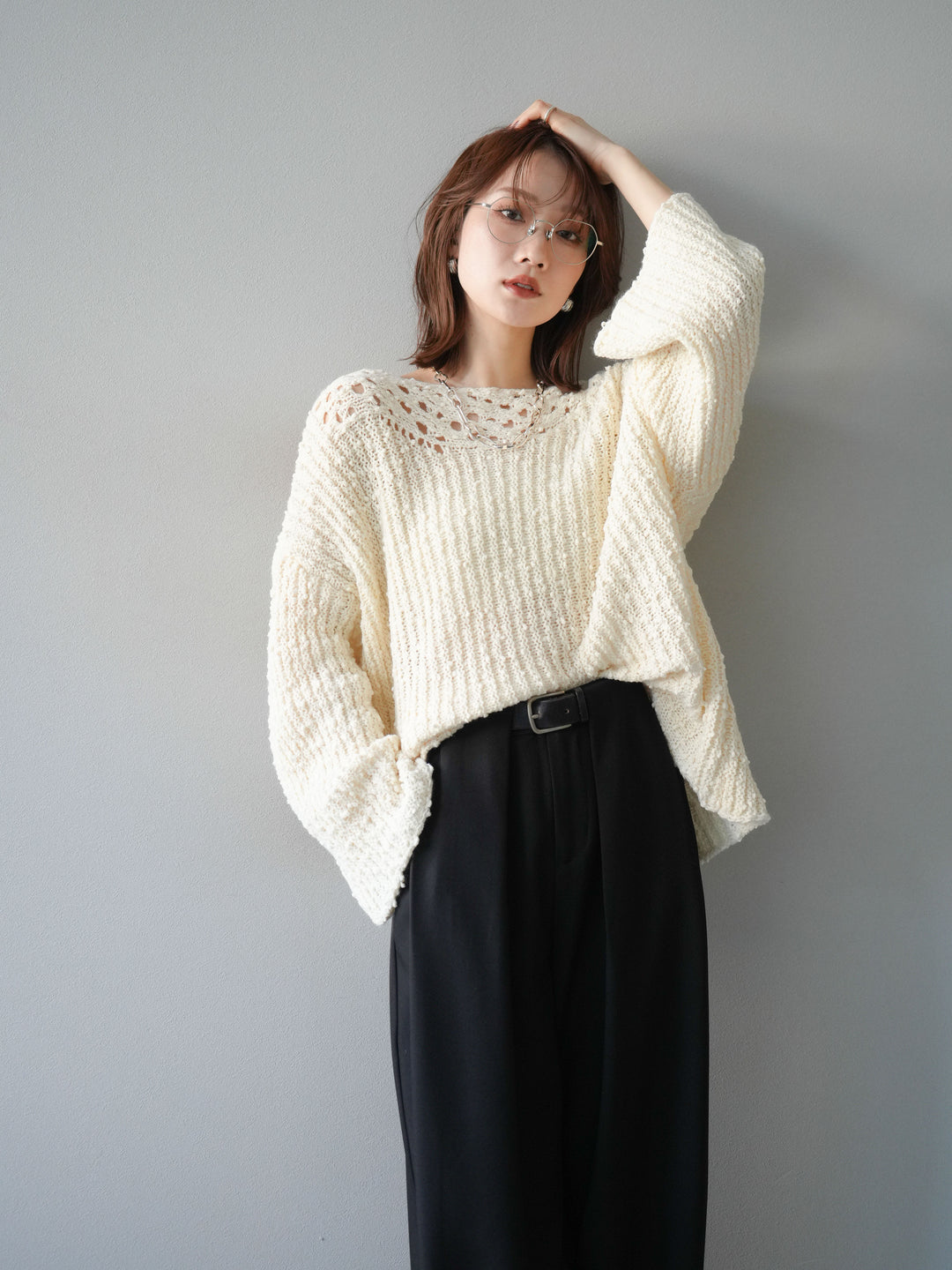 [予約]ボートネック透かし編みニットプルオーバー/white