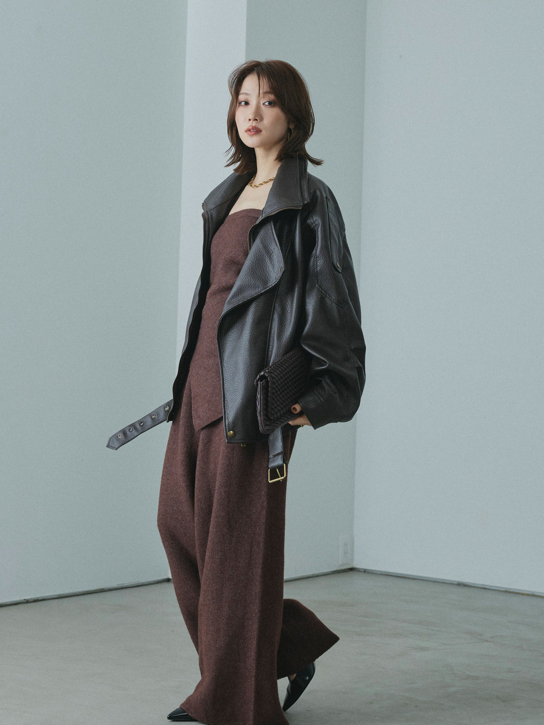 【Allure】[SET]ニットベアトップ＆ワイドパンツSET UP+スタンドカラーレザーブルゾン(2set)