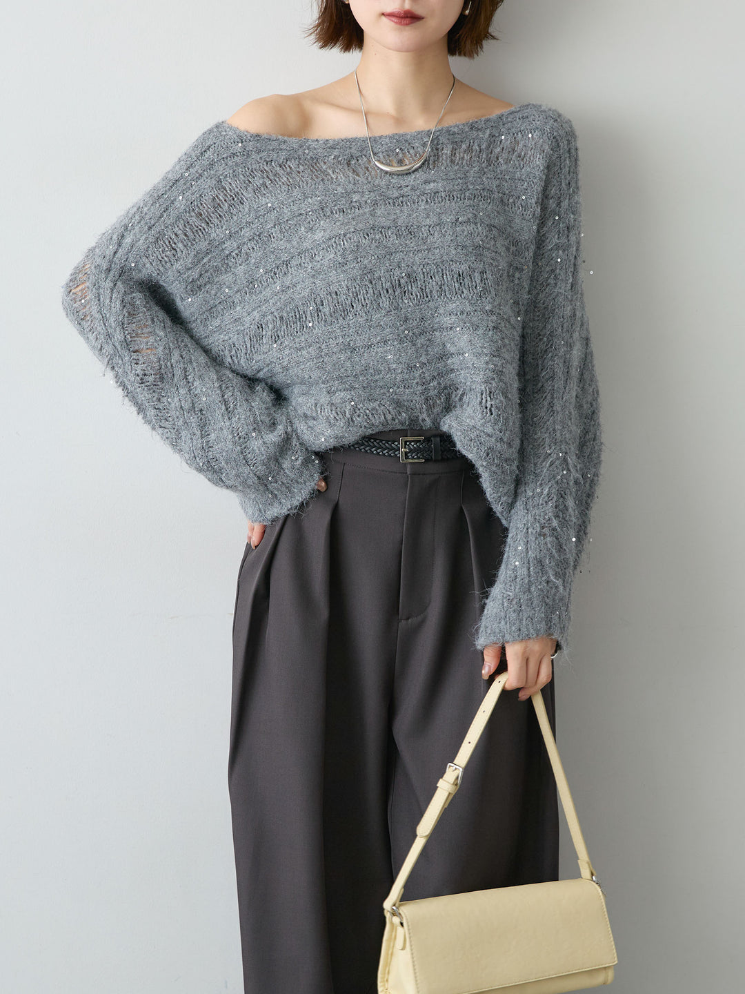 [予約]ミックス透かし編ワイドネックニットトップス/gray