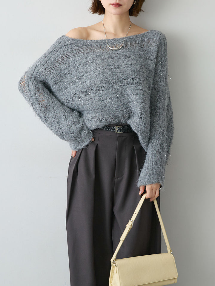 [予約]ミックス透かし編ワイドネックニットトップス/gray