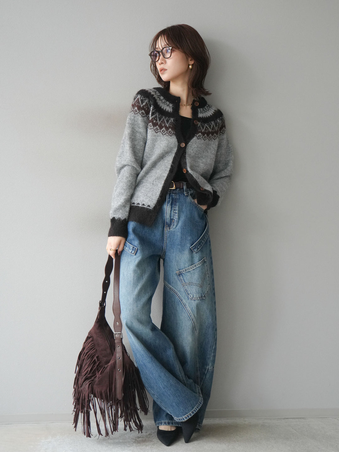 [SET]ノルディック柄ニットカーディガン+ペインターカーブデニムパンツ(2set)