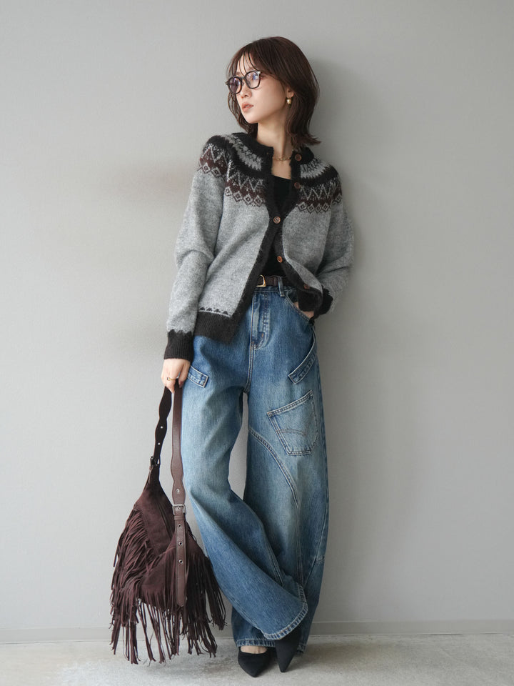 [SET]ノルディック柄ニットカーディガン+ペインターカーブデニムパンツ(2set)