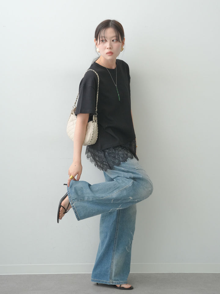 [SET]アシメレースヘムワイドTEE+グラフィックスクラッチワイドデニム(2set)