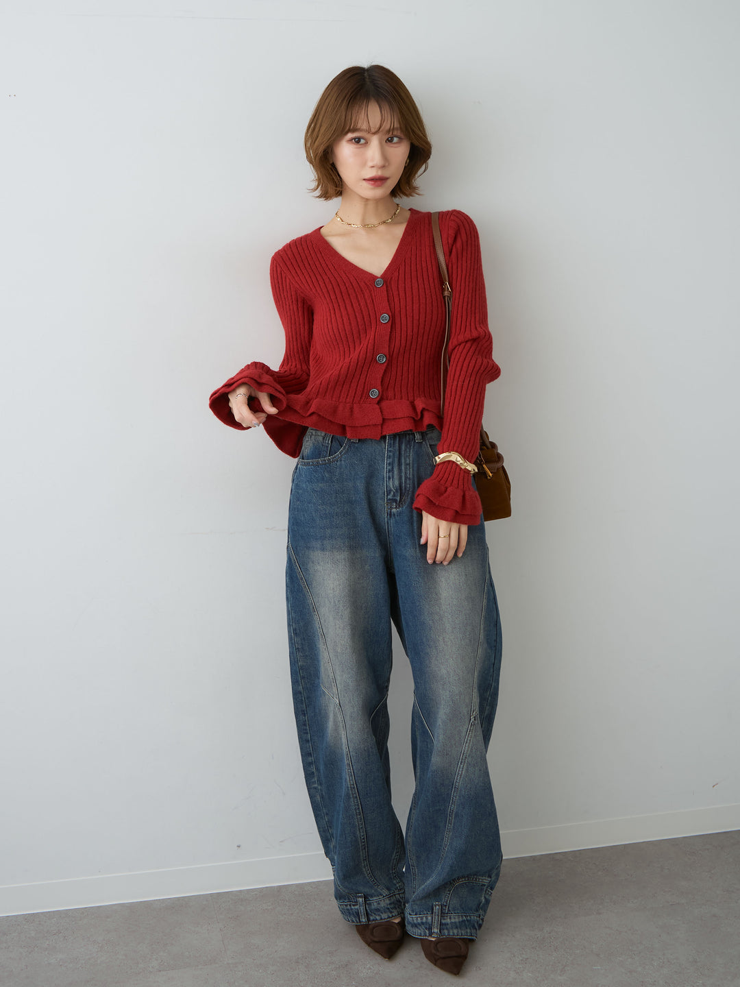 [SET]アルパカタッチフリルカーディガン+ヘムデザインワイドデニムパンツ(2set)