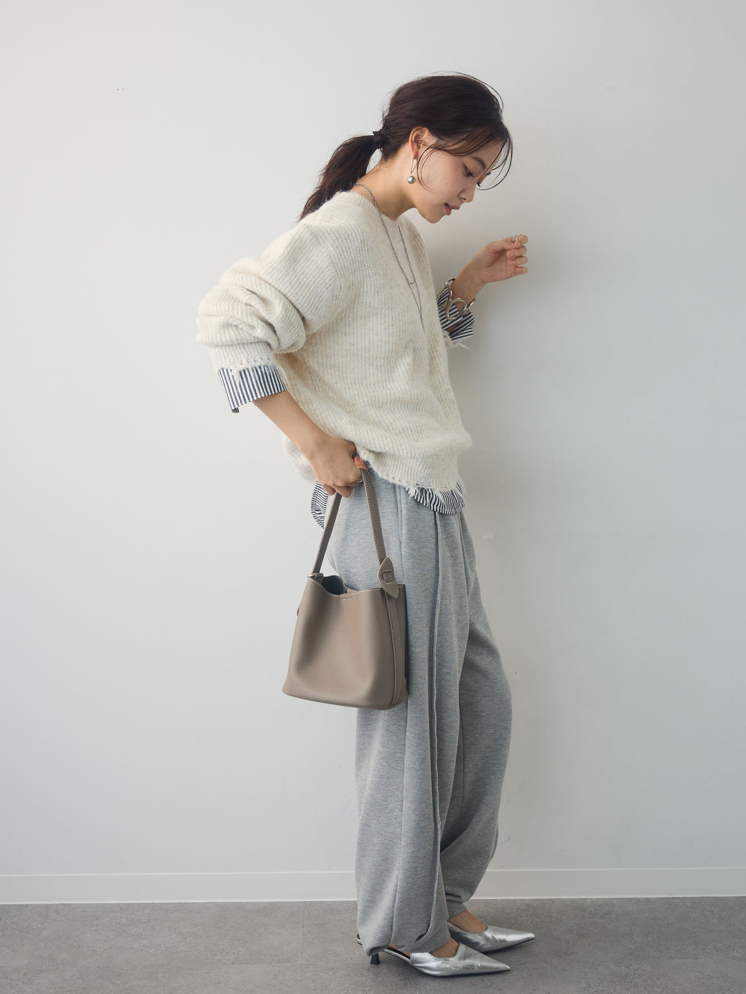[SET]シャツレイヤードデザインモヘアプルオーバー+2WAYデザインスウェットパンツ(2set)