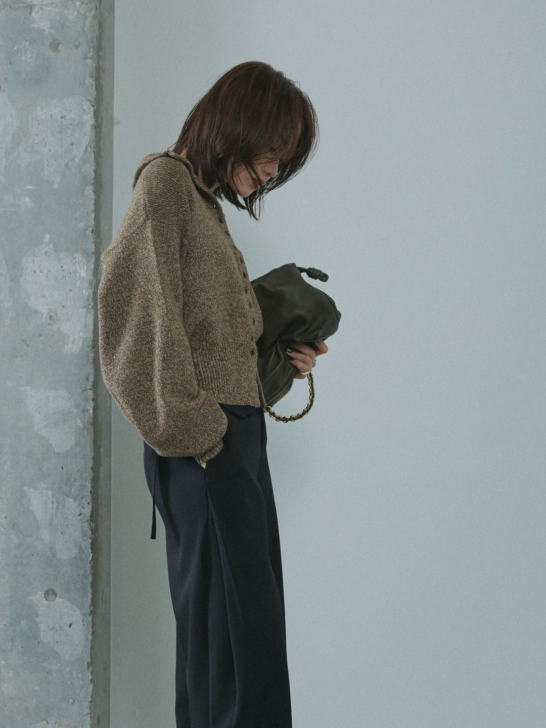 【Allure】[SET]ミックスハイネックカーディガン+サイドタックワイドパンツ(2set)