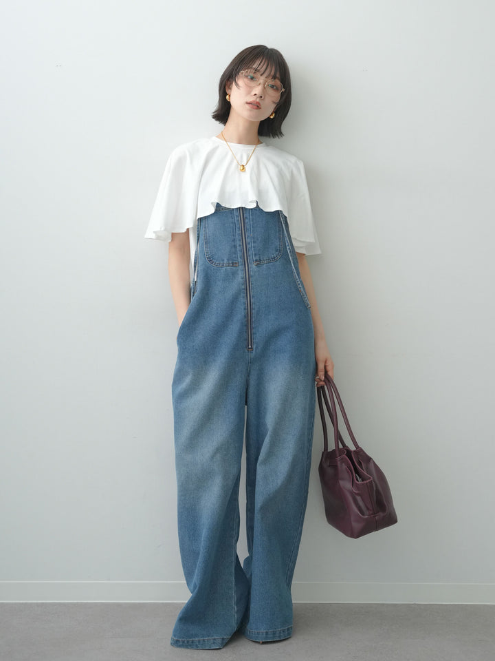 [SET]前後2wayケープTEE+フロントジップデニムサロペット(2set)