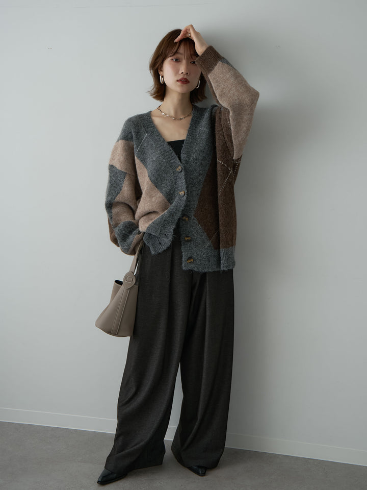 [SET]アーガイルオーバーニットカーディガン+カップ付テレコリブベアキャミソール+ニューベルトループワイドパンツ(3set)
