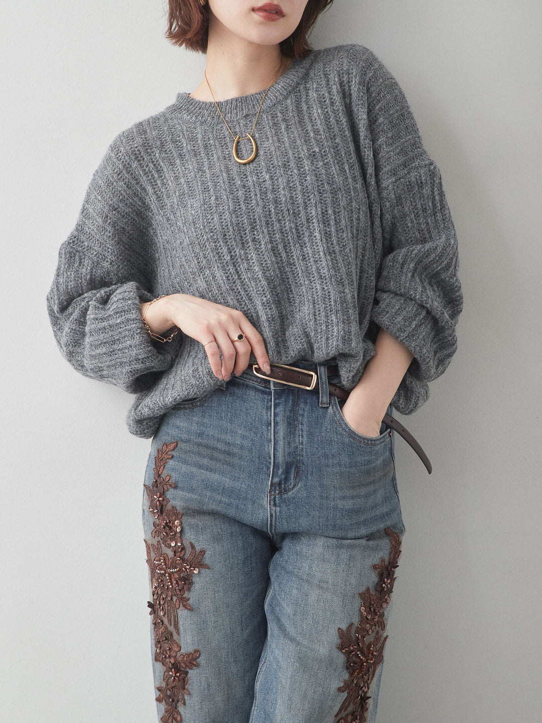 [予約]シアーリブドルマンニットトップス/darkgray
