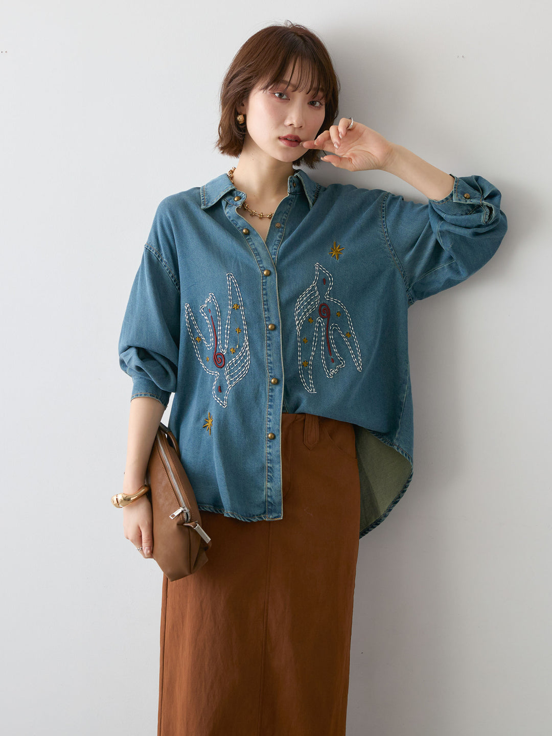 [SET]モチーフ刺繍デニムシャツ+選べるアクセセット(2set)