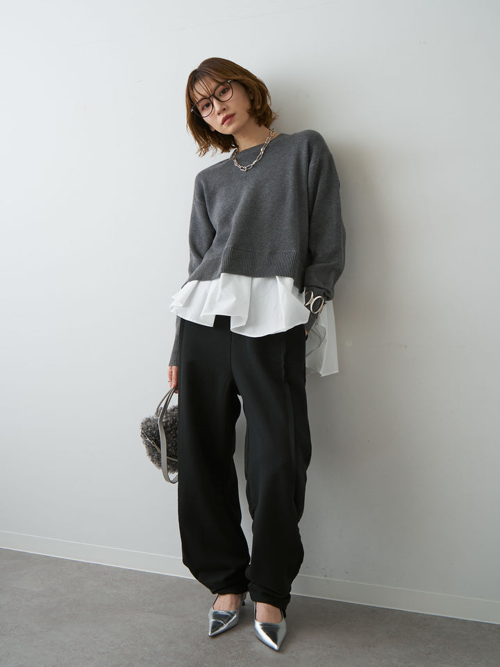 [SET]アシンメトリーシャツレイヤードニットプルオーバー+2WAYデザインスウェットパンツ(2set)