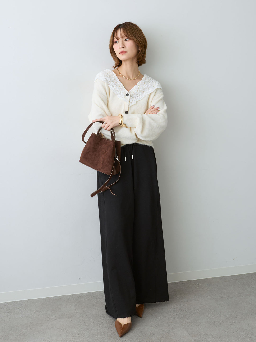 [SET]モヘアレースショールカラーカーディガン+カットオフスウェットワイドパンツ(2set)