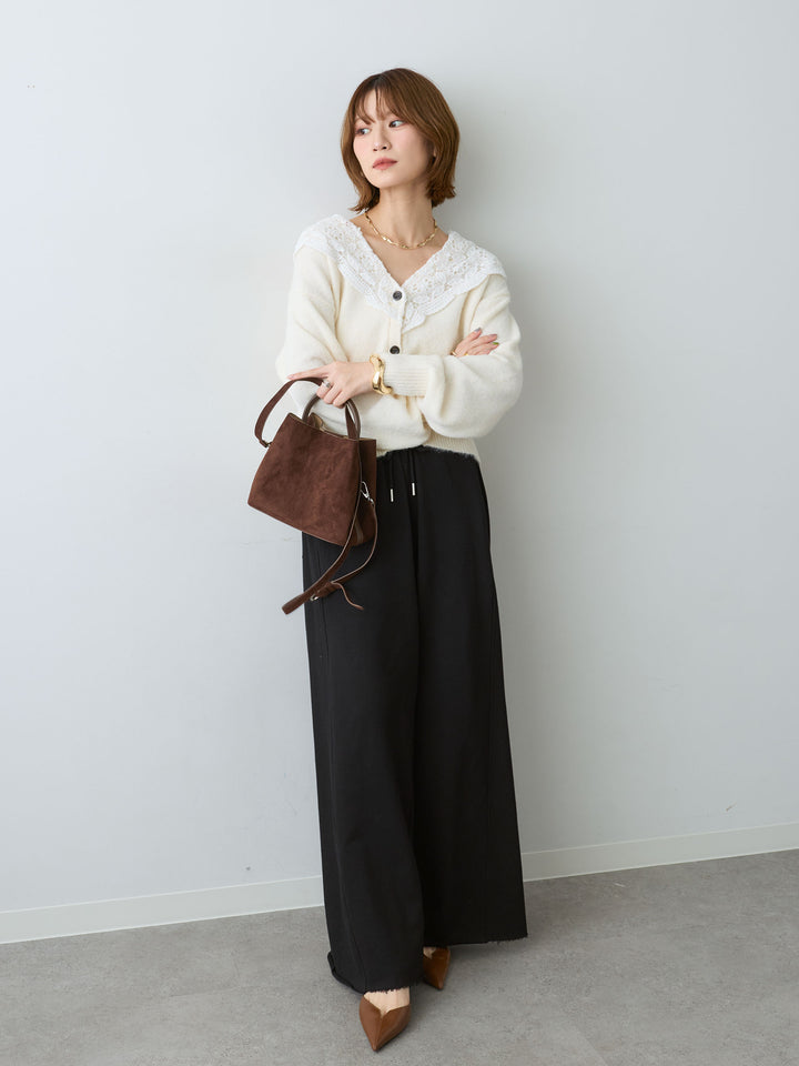 [SET]モヘアレースショールカラーカーディガン+カットオフスウェットワイドパンツ(2set)