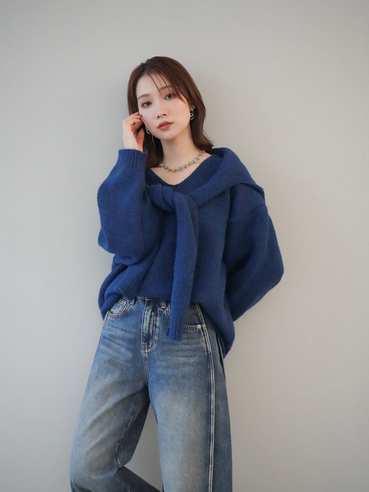 [予約]ストール付きVネックニットプルオーバー/blue