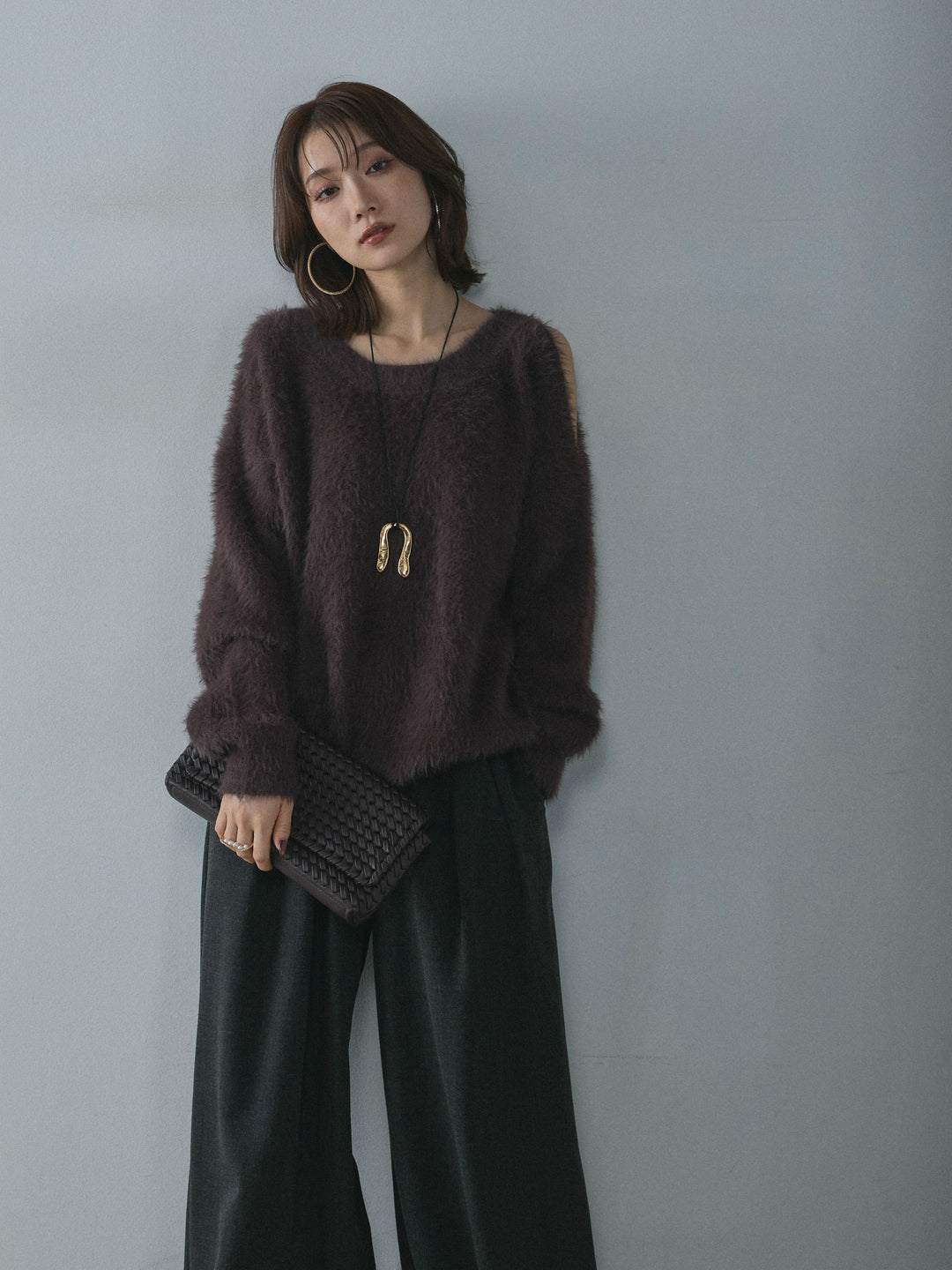 【Allure】[SET]ショルダースリットシャギーニットプルオーバー+スカーフ付ワイドパンツ(2set)