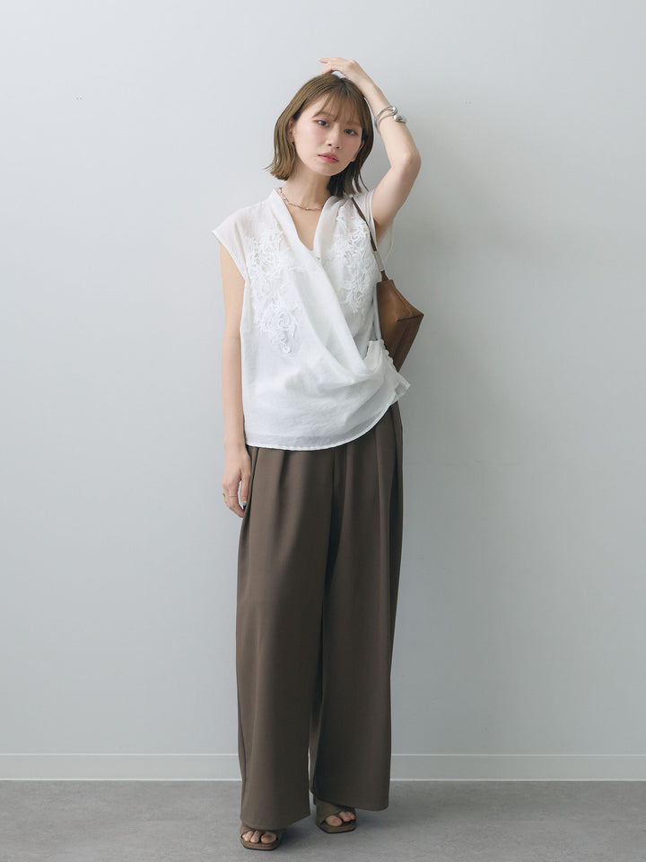 [SET]フロントレースノースリカシュクールブラウス+クレープデシンタックワイドパンツ(2set)