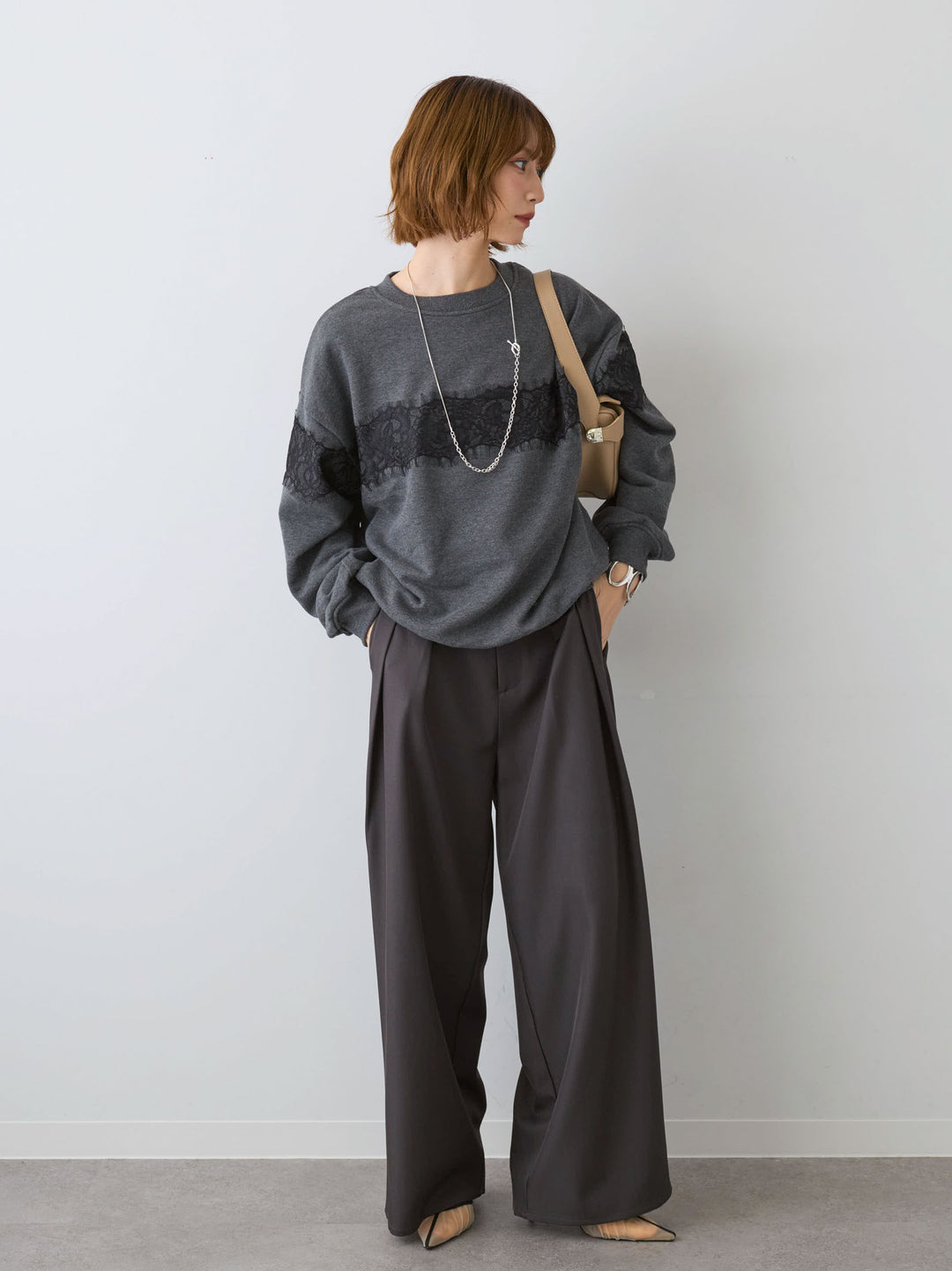 [SET]裏毛レースドッキングプルオーバー+ツイルタックワイドパンツ(2set)