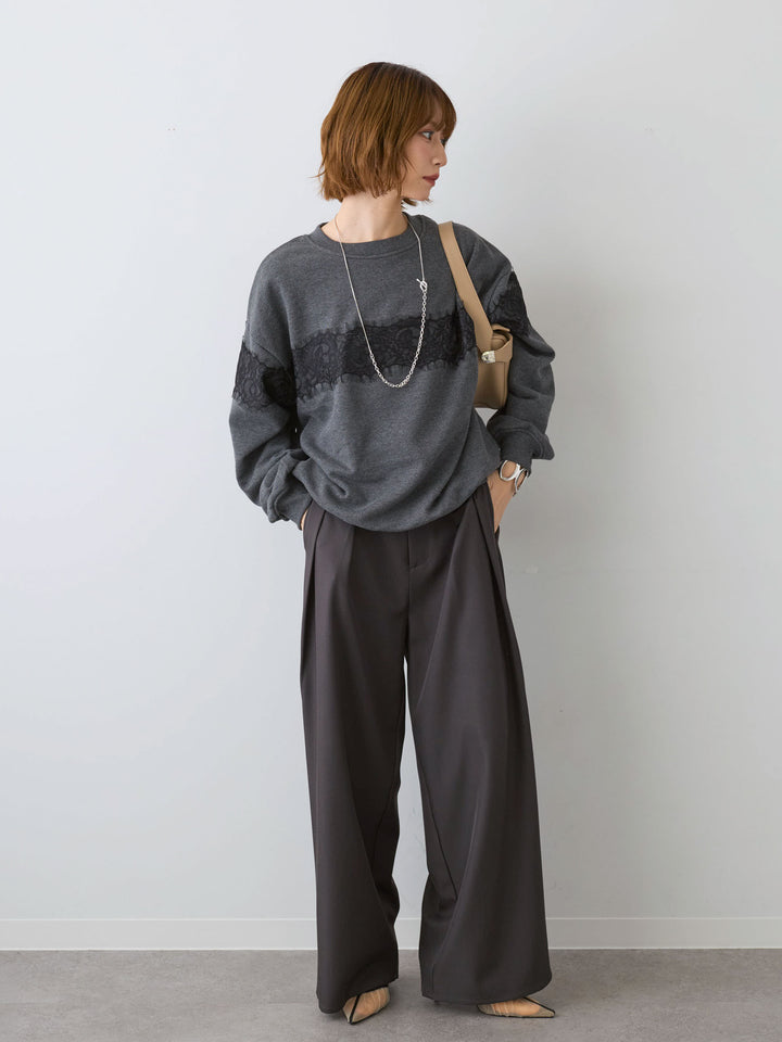 [SET]裏毛レースドッキングプルオーバー+ツイルタックワイドパンツ(2set)