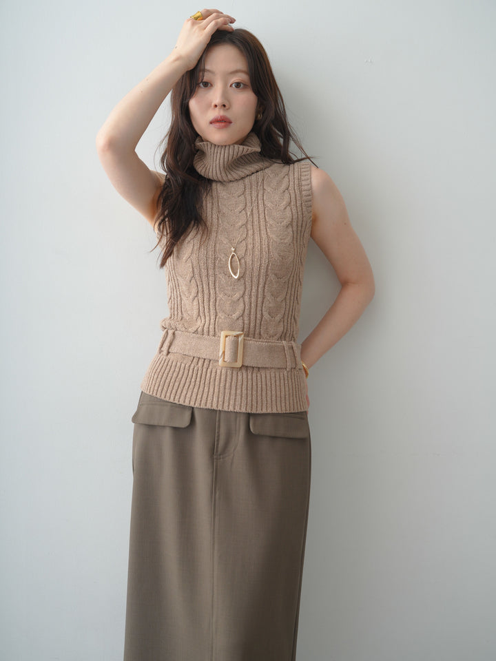 [SET]ベルト付ケーブルノースリニットトップス+クレープデシンフラップ付きストレートスカート(2set)